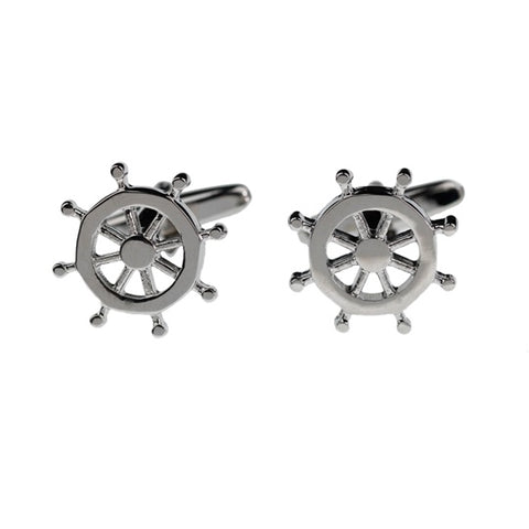 Silver ships wheel cufflinks.