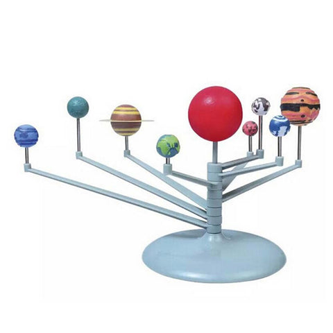 Assembled model of the planets on a grey plastic and metal stand.