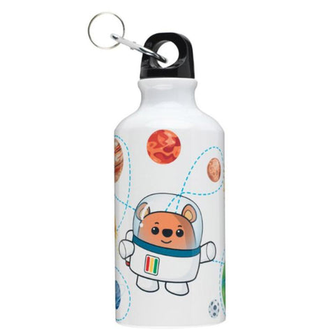 White metal water bottle with a colourful Space Ted design.