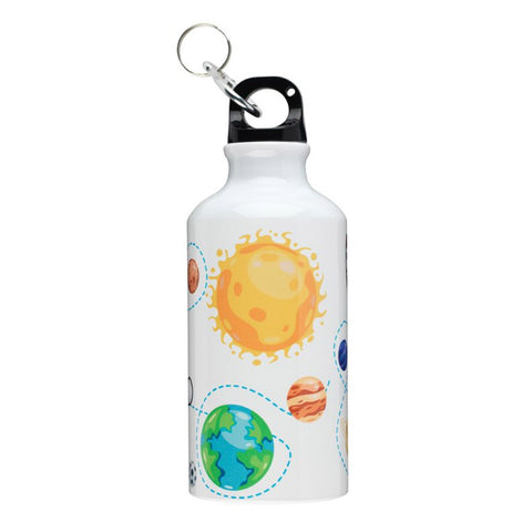 White water bottle with an illustrated sun and planets design.