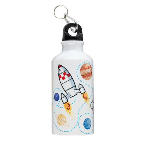 White water bottle with an illustrated spaceship and planets design.