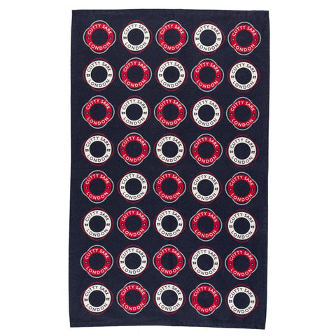 Tea towel with red, white and blue life ring design.