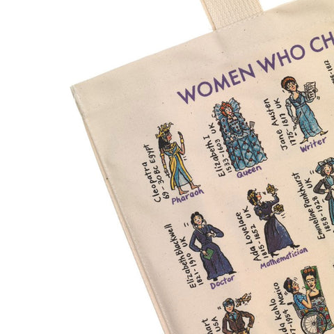 Detail of natural tote bag featuring illustrations and names of women who changed the world.