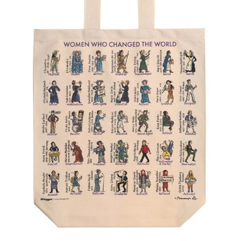 Natural tote bag featuring illustrations and names of women who changed the world.