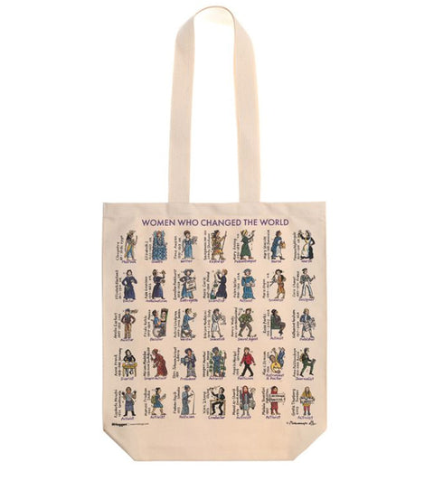 Natural tote bag featuring illustrations and names of women who changed the world.