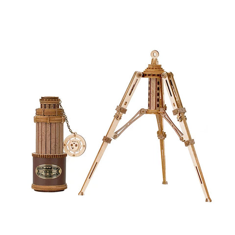 Wooden telescope and stand.