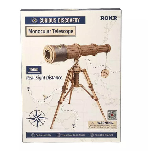 Wooden telescope kit packaging.